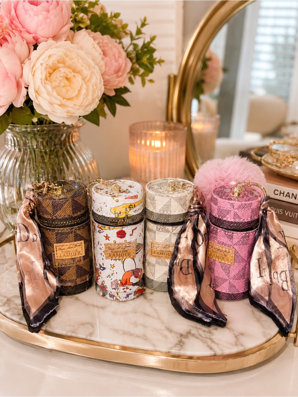 Cylindrical Travel Jewelry Cases in Brown, Cream, White & Pink
